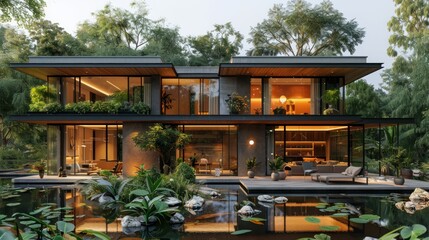 Modern House with a Pond in a Lush Forest