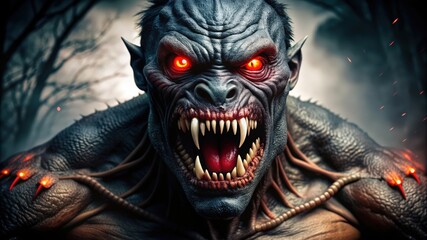 A Close-Up of a Ferocious Monster with Glowing Red Eyes