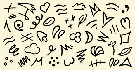 Line movement element set, emotion graphic effects, decoration icons. Doodle line elements, arrow, emphasis, heart, wind, zigzag, sparkle. Hand drawn Anime emotion, express shape.