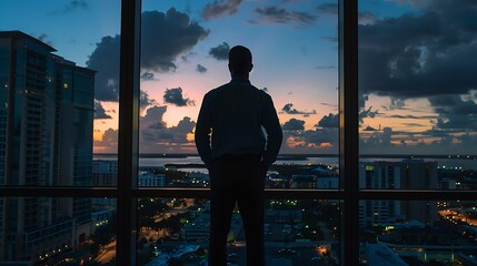 Fototapeta premium A businessman stands in a high-rise office, gazing out a large window at the city below, as the sun sets in the background