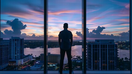 Fototapeta premium A businessman stands in a high-rise office, gazing out a large window at the city below, as the sun sets in the background