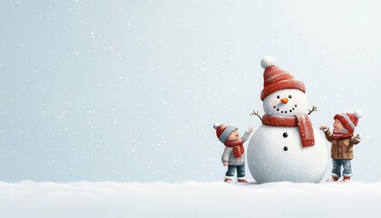Obraz premium Snowman with a red scarf, frosty Christmas morning, kids playing in the snow, Watercolor style