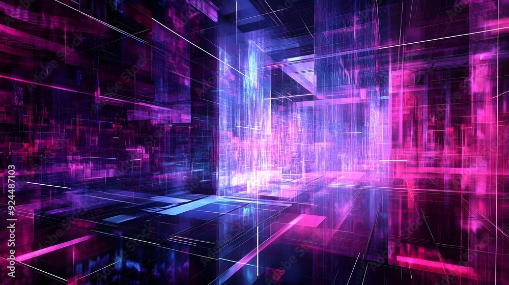 Sticker 23. a complex matrix of intersecting planes and lines with a high-tech, neon aesthetic