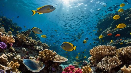 Fototapeta premium A vibrant underwater scene with colorful fish swimming through a coral reef.
