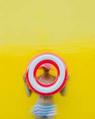 Vibrant Summery Abstract of Woman at Beach with Inflatable Ring and Blurred Flamingo Midday