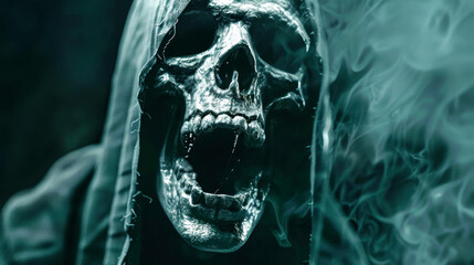 The grim reaper, with a haunting skull face, screams in terror, capturing the chilling essence of Halloween in a close-up view shrouded in darkness