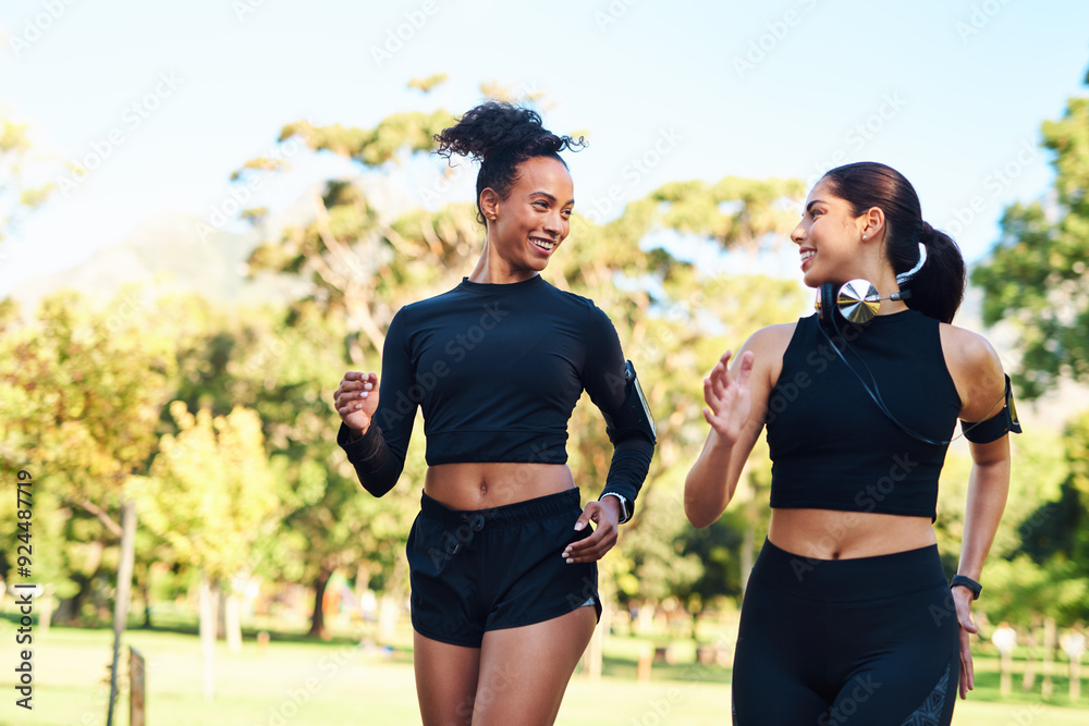 Sticker Friends, girls and exercise with running at park in happiness for workout and jog in Atlanta. People, runner and smile or confident with fitness for health, wellness and self care on race in forest