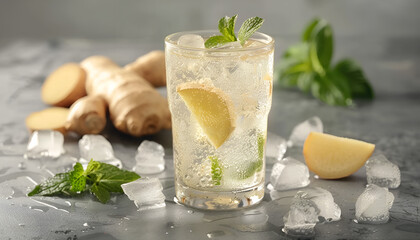 Fototapeta premium Glass of tasty ginger ale with ice cubes and ingredients on grey table