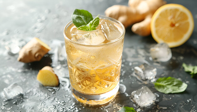 Glass of tasty ginger ale with ice cubes and ingredients on grey table