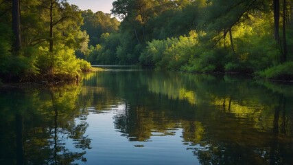 Fototapeta premium A tranquil river scene with lush green trees and their reflections in the water.