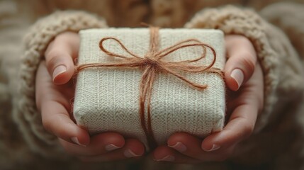 Knitted textured gift with rustic twine bow in hands