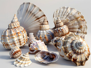 Obraz premium A collection of seashells of different shapes and sizes on a white background.