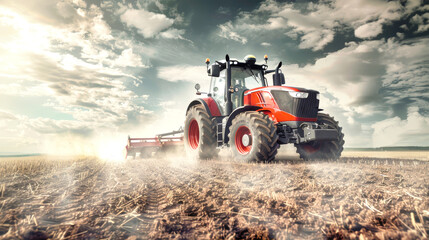 A vibrant tractor skillfully cultivates the rich earth, surrounded by a breathtaking sky as dust swirls in the warm light of the setting sun