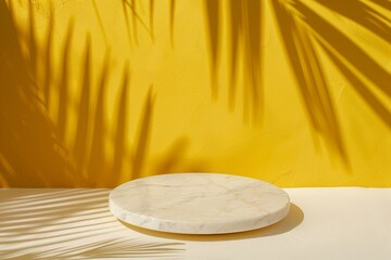 Minimalist Contemporary Mockup Featuring Textured Round Plastic Podium Against Vibrant Yellow Backdrop with Soft Shadows and Delicate White Light Reflections