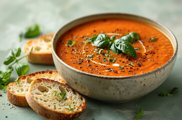 A bowl of tomato soup with cream and basil, garnished with sprinkled black pepper on top