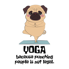 Cute pug dog in a peaceful yoga posture with a quote yoga because punching people is not legal. Funny vector illustration for tshirt, website, clip art, poster and print on demand merchandise.