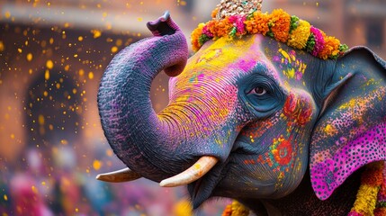 Obraz premium Brightly colored elephant adorned with intricate patterns and floral garlands celebrating Holi festival with yellow color particles in the air
