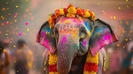 Indian elephant decorated with vibrant colors and floral garlands during Holi festival celebration in a traditional cultural setting