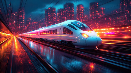 Advanced train racing in futuristic city at night