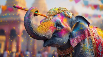 Obraz premium Elephant adorned with colorful powders and jewelry holding a painted drumstick celebrating Holi festival in front of temple background