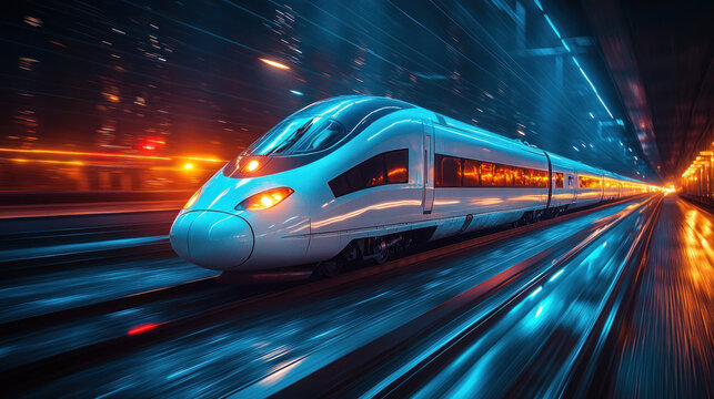 Speeding bullet train with streaking lights in motion.