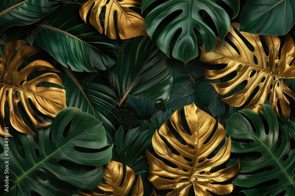 Poster a close-up view of a bunch of green and gold leaves, perfect for use in nature or design-related con