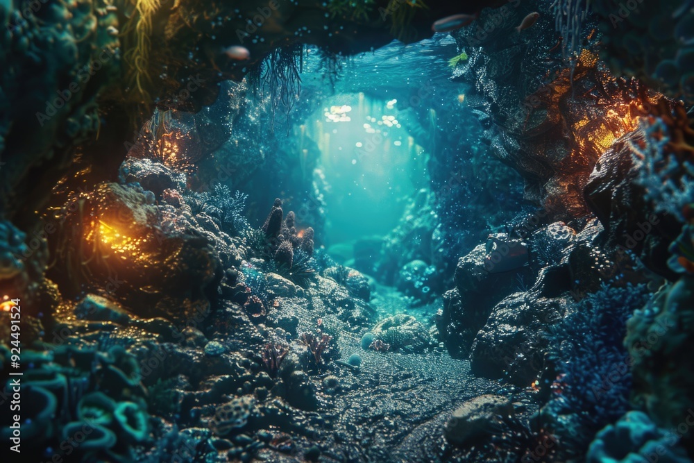 Aufkleber a serene underwater scene featuring a cave with a warm light at the end