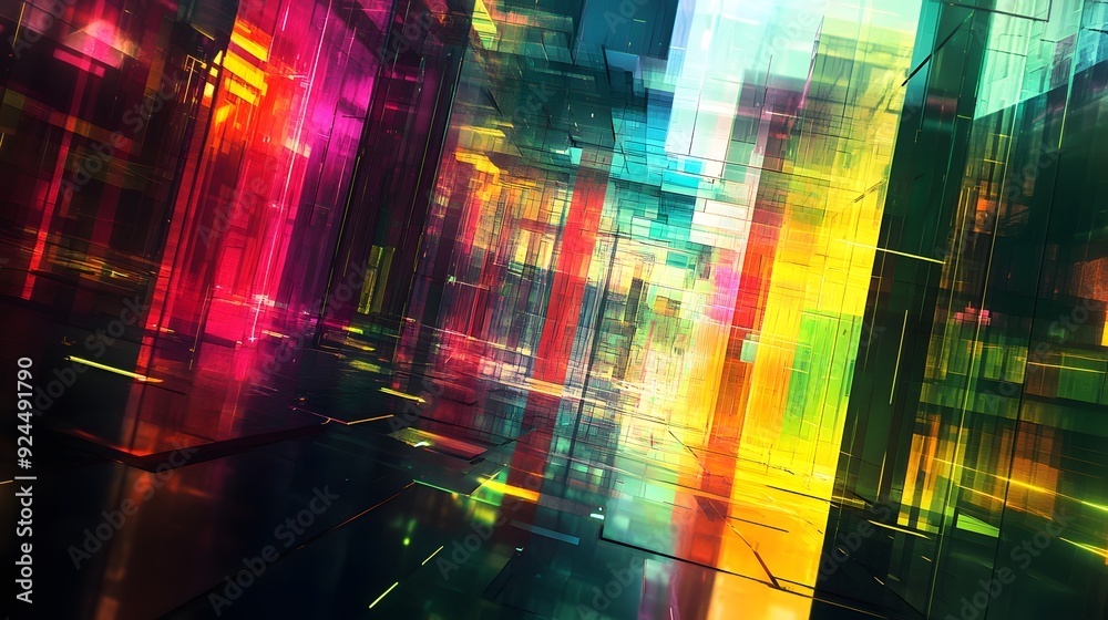 Wall mural 53. floating, multi-colored prisms creating a sense of depth and motion in a high-tech environment
