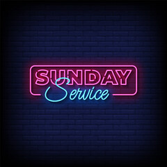 Obraz premium sunday service neon sign vector with brick wall background 