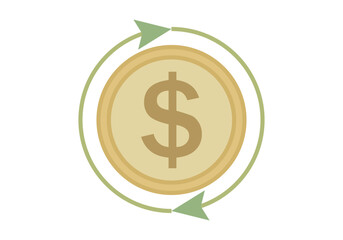 Moneda dorada de dólar rodeada de flechas circular verde representando las operaciones financieras