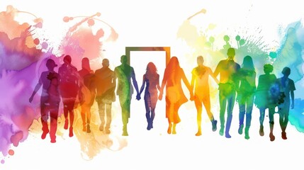 People Walking Through a Colorful Door