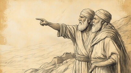 Fototapeta premium Joshua's Commission: Moses pointing to the Promised Land, a biblical illustration with Joshua, Beige Background