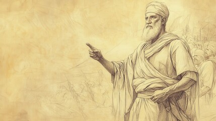 Fototapeta premium Joshua's Farewell Address: Joshua recounting history of Israel from Abraham to present day, biblical illustration, Beige Background