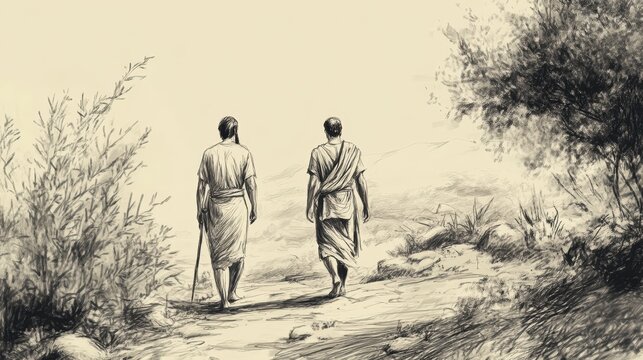 Allotment for Caleb: Caleb approaching Joshua at Gilgal, ready to claim inheritance, biblical illustration, Beige Background