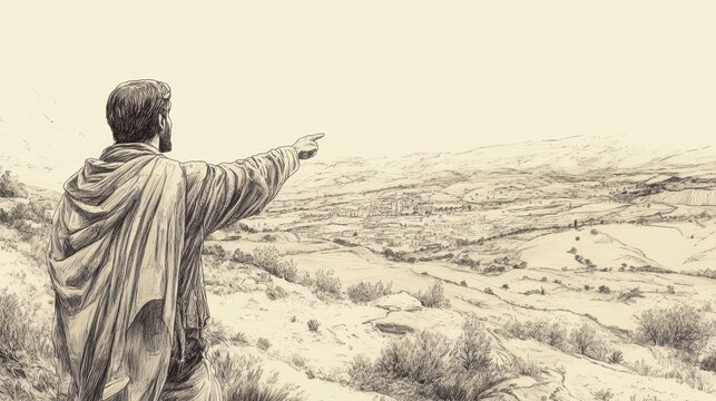 Allotment for Caleb: Caleb pointing to hill country of Hebron, land he desires, biblical illustration, Beige Background