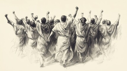 The Levitical Cities: Levites celebrating as they prepare to move into allotted cities, biblical illustration, Beige Background
