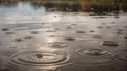 Rain Droplets Creating Concentric Ripples in Still Water