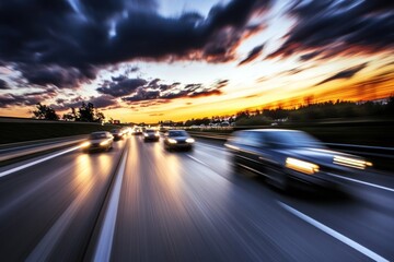 Obraz premium Highway at dusk with blurred motion of vehicles.
