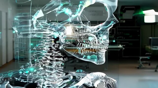 Digital skeleton materializes in laboratory environment. Glowing particles float within translucent structure. Intricate details revealed as camera slowly orbits holographic figure.	