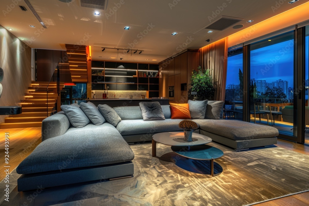 Poster a warm and inviting living room with comfortable furniture and a large window letting in plenty of n