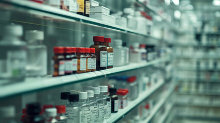 a pharmacy setting with neatly arranged medical vials on shelves. various types of vials, such as those for antibiotics, vitamins, and injectables, with a professional, organized look.