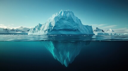 Cold iceberg with serene reflective water around.
