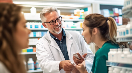 Pharmacist, medicine and help for woman customer at the counter for pills, help and information on treatment. Pharmacy, consulting and girl asking questions from healthcare worker, advice and trust