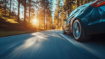 Fototapeta premium A dynamic drive through an enchanting forest road at sunset, showcasing a sleek car gliding past vibrant trees bathed in golden light, evoking freedom and adventure.