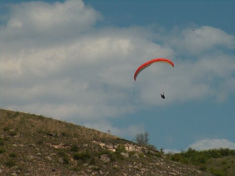 Moldova, skydiver, sky, summer, parachute, clouds, slope, grass