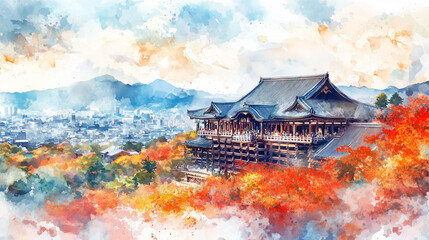 Obraz premium 京都の秋を彩る絶景！紅葉に包まれた清水寺と市街地のパノラマビュー