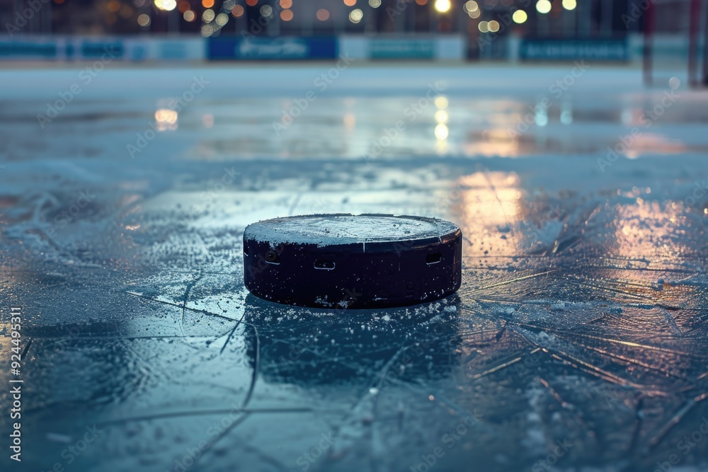 Poster A solitary hockey puck sits atop a frozen ice rink, ready for the next game or practice