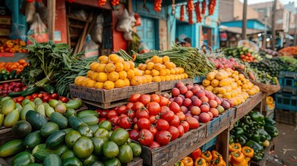 Obraz premium Vibrant fruit and vegetable market bustling with colors on a sunny day in a lively neighborhood. Generative AI