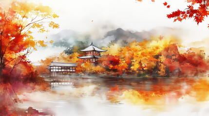 絶景の秋色！和風庭園と紅葉が織りなす幻想的な水彩アート