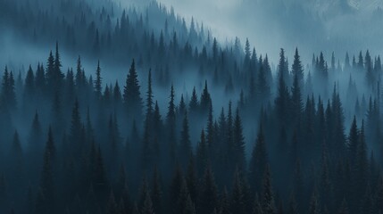 Rideaux Misty forest. Foggy mountains. Misty spruce landscape banner
